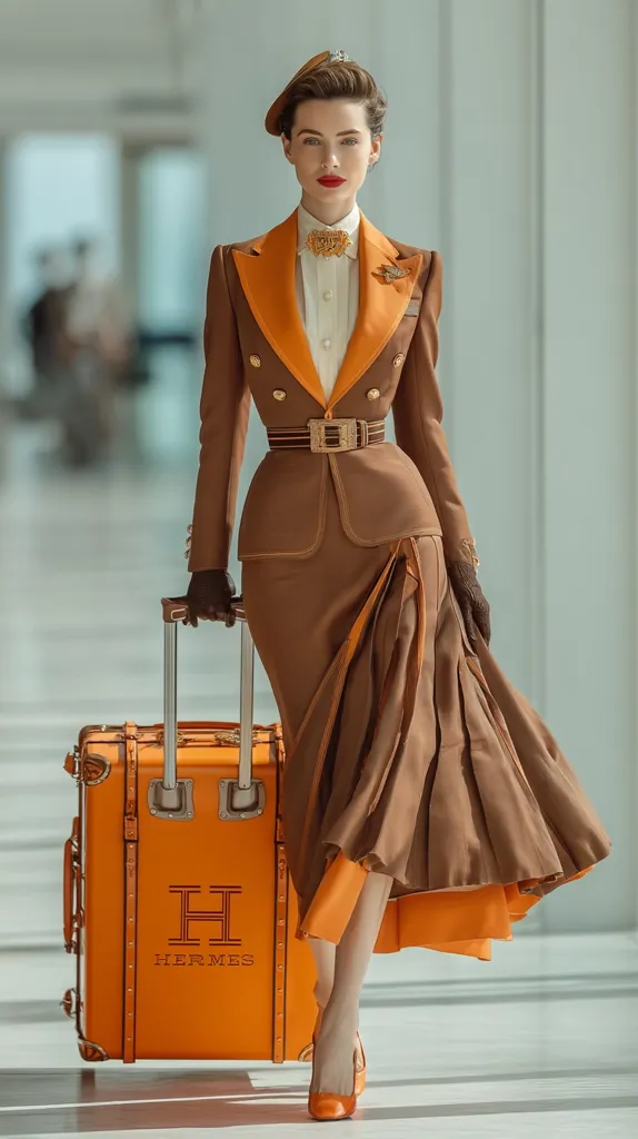 A stylish woman in a brown suit with orange accents and a matching Hermes suitcase.  The suit is cinched at the waist, and the skirt flows elegantly.  She wears a hat and gloves, completing a sophisticated and retro look. The orange Hermès luggage adds a pop of color and complements her outfit.  The overall image conveys a sense of classic elegance and high fashion.