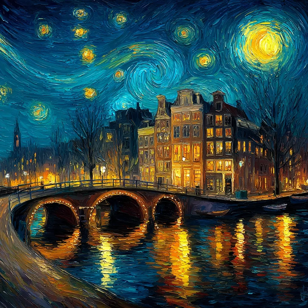 A vibrant oil painting captures a picturesque canal scene at night.  A stone bridge arches over the calm water, reflecting the warm glow of illuminated buildings.  The style mimics Van Gogh's impasto technique, with swirling blues in the starlit sky contrasting with the warm yellows of the city lights.  Tall, narrow buildings line the canal, their windows glowing invitingly.  The overall effect is dreamy and evocative of a charming European city.