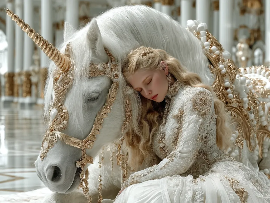 A blonde woman in an ornate, white gown with gold embroidery rests her head against a white unicorn adorned with a lavish gold bridle.  The scene is set in a grand, palatial interior with white marble columns and floors.  The overall aesthetic is ethereal and regal, suggestive of a fairytale or fantasy setting. The unicorn and woman appear serene and peaceful.