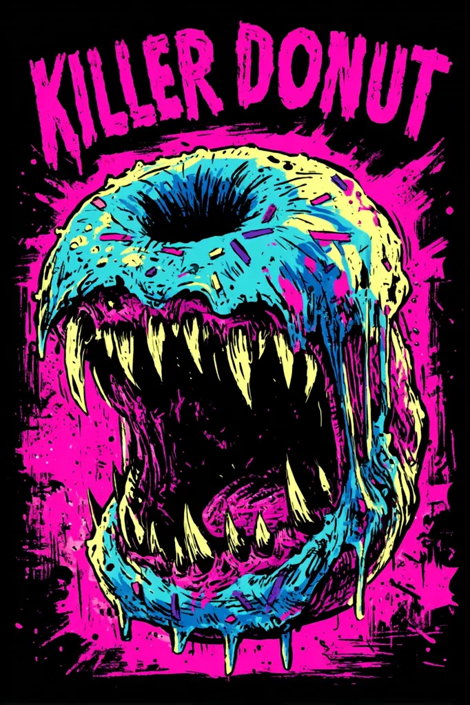 A vibrant graphic design depicts a monstrous donut with sharp teeth, dripping icing, and a gaping maw.  The title "Killer Donut" is displayed prominently above. The artwork utilizes a bold color palette of pink, teal, and yellow against a black background, creating a striking and edgy aesthetic.  The style is reminiscent of punk or horror-themed illustrations.