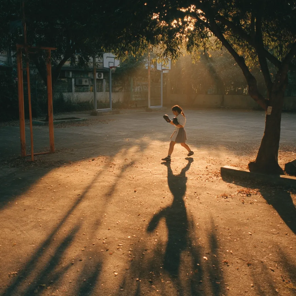 A young girl, wearing boxing gloves and a school uniform, shadow boxes in an empty outdoor basketball court bathed in golden sunlight.  Long shadows stretch across the dusty ground from a large tree overhead.  The scene is peaceful yet dynamic, showcasing the girl's focused energy against the serene backdrop.  The overall mood is nostalgic and slightly melancholic.