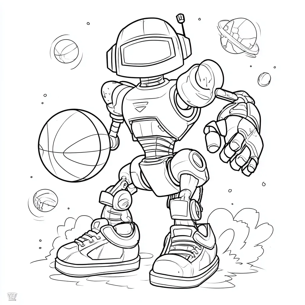 A robot, designed with a boxy head and body, is depicted dribbling a basketball.  The robot wears sneakers and is surrounded by small planets and basketballs, suggesting a futuristic or space-themed setting. The detailed line art style is reminiscent of a coloring page, emphasizing the robot's mechanical features and athletic pose.