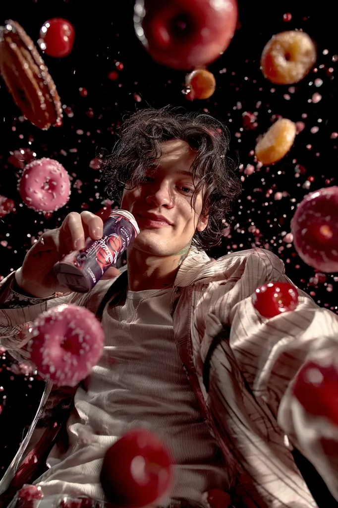 A young man with dark, curly hair holds a can of drink.  He's surrounded by a flurry of falling donuts, cherries, and apples. The scene is dramatically lit, creating a high-energy, playful mood. The man's expression is cheerful, suggesting enjoyment of the moment and perhaps the drink itself. The overall aesthetic is vibrant and slightly surreal.