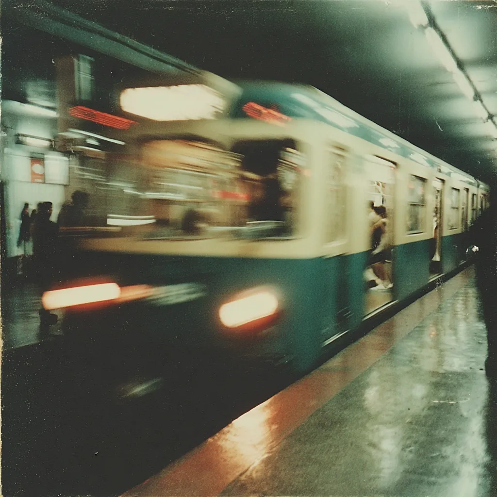 A blurry, motion-blurred photograph captures a subway train speeding through a dimly lit station. The teal and beige train is in motion, with passengers visible inside and a few standing on the platform. The overall atmosphere is moody and slightly dark, with a vintage feel to the image's colors and texture.  The lights of the train and station create a contrast against the dark surroundings.