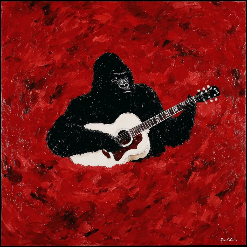 A striking painting depicts a gorilla serenely playing a white acoustic guitar. The gorilla is rendered in stark black against a vibrant, textured red background, which suggests a fiery or passionate atmosphere. The artist's impasto technique adds depth and movement to the red backdrop, contrasting with the gorilla's smooth, almost photographic depiction. The overall effect is both powerful and surreal.