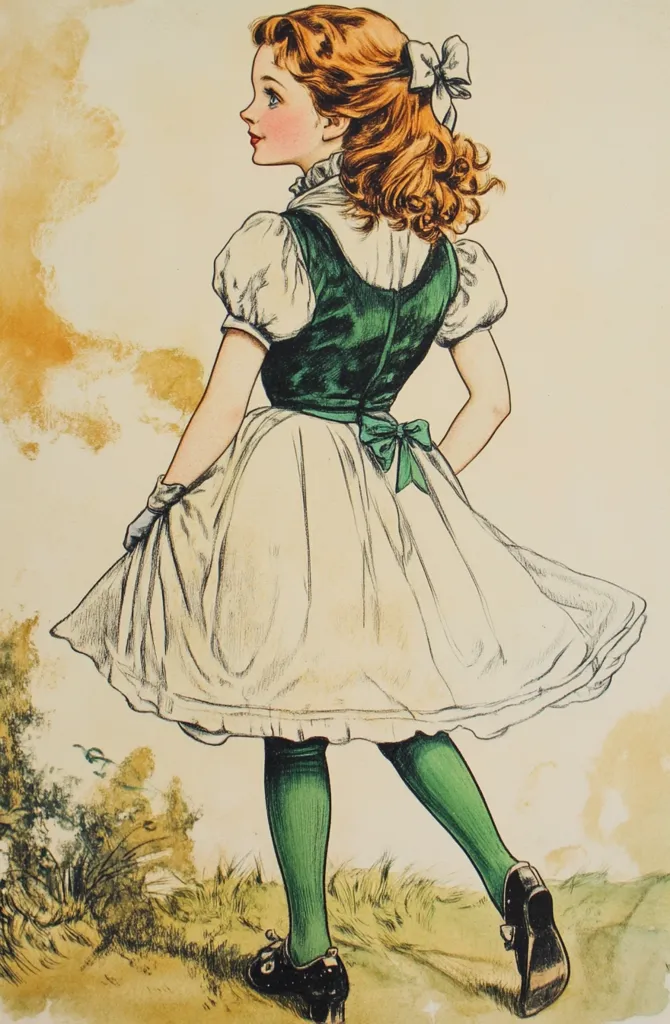 A young girl, with auburn hair styled in a half-updo, is depicted in a charming illustration.  She wears a white dress with a green bodice, accented by a green bow at the waist and a white bow in her hair.  Green stockings and black shoes complete her ensemble.  The girl's back is to the viewer as she gazes to her left, seemingly walking in a grassy landscape.  The style is reminiscent of vintage children's book illustrations.