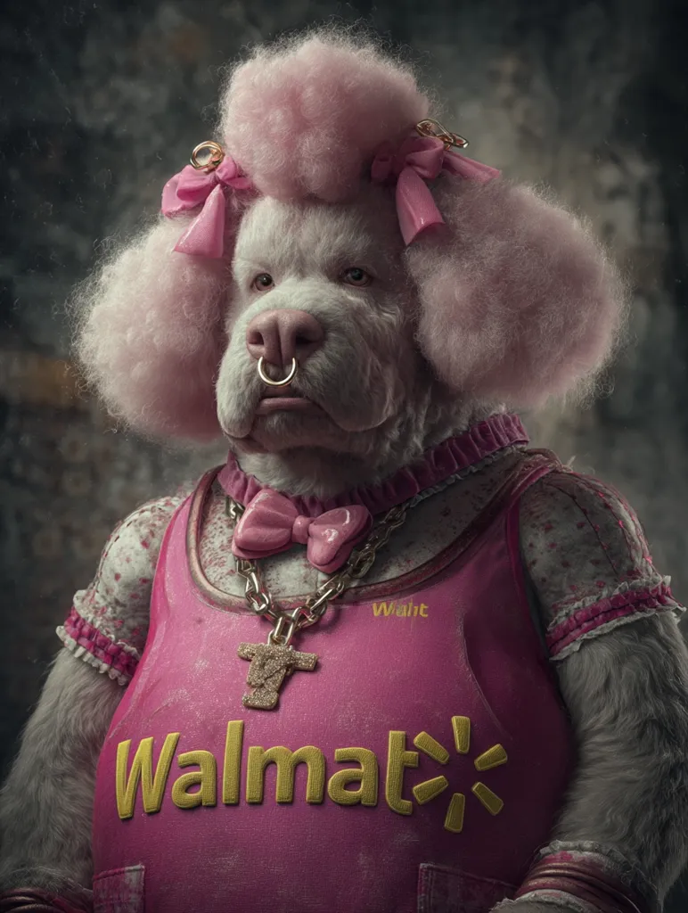 A digitally altered image depicts a large, white standard poodle with a pink, voluminous hairdo and accessories.  The dog sports a pink Walmart vest, gold chain necklace, and a nose ring.  The overall aesthetic is a humorous juxtaposition of a pampered poodle and a mundane retail brand.  The image has a slightly gritty, dark background, contrasting with the bright pink elements of the dog's attire.