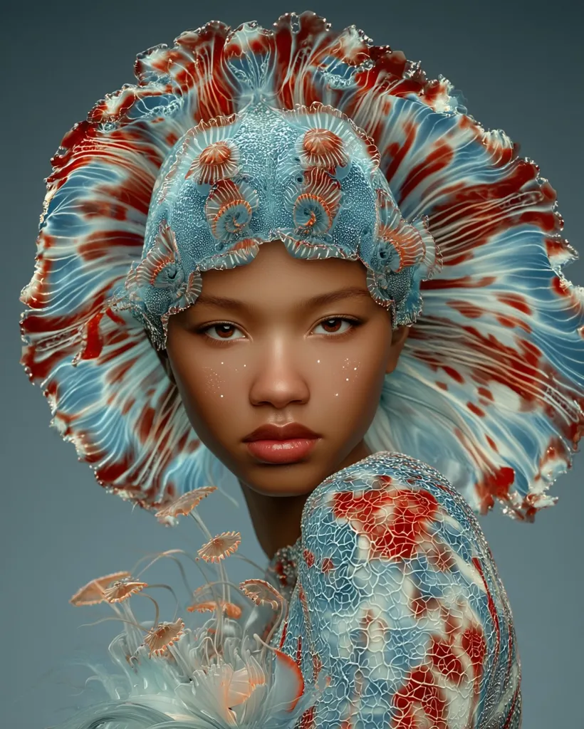 A young woman with dark skin is the focal point of a digitally created image. She wears an elaborate headpiece and dress, both resembling intricate, bioluminescent sea life. The headpiece is large and fan-like, while the dress has a textured pattern suggesting coral or jellyfish.  The overall aesthetic is surreal and otherworldly, with a captivating blend of fantasy and marine imagery.