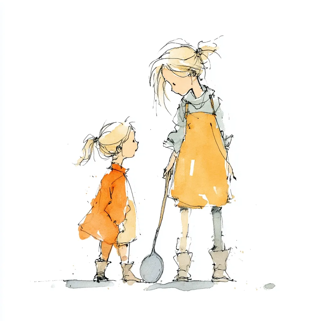 A watercolor painting depicts two young girls, one taller than the other. The taller girl wears an orange dress and a grey sweater, while the shorter girl wears an orange coat.  They stand facing each other, the taller girl holding a long-handled cooking utensil.  The style is loose and expressive, with soft color washes and visible brushstrokes.  The overall mood is gentle and intimate.