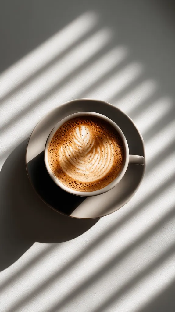 A cup of latte art coffee sits on a saucer.  The coffee has a delicate leaf design in the foam.  The scene is bathed in soft, natural light creating dramatic shadows that streak across the light-grey surface. The overall aesthetic is minimalist and serene.