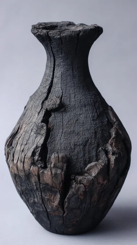 A dark, charred wood vase stands against a light gray background.  The vase is bulbous with a slightly constricted neck and shows significant textural detail from the wood grain and charring.  Cracks and fissures are visible throughout its surface, adding to its rustic and aged appearance.  The piece has an organic, almost sculptural quality.