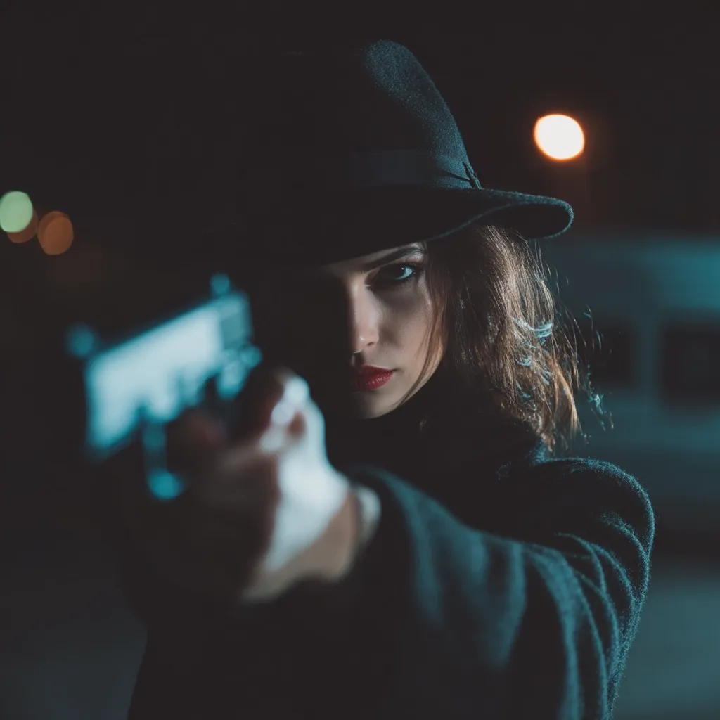 A young woman, wearing a fedora and dark coat, aims a handgun at the viewer in a dimly lit nighttime setting.  The focus is on the gun and her intense gaze, creating a dramatic and mysterious atmosphere.  City lights blur in the background, enhancing the noir-like feel of the image. Her red lips stand out against the dark clothing and backdrop.