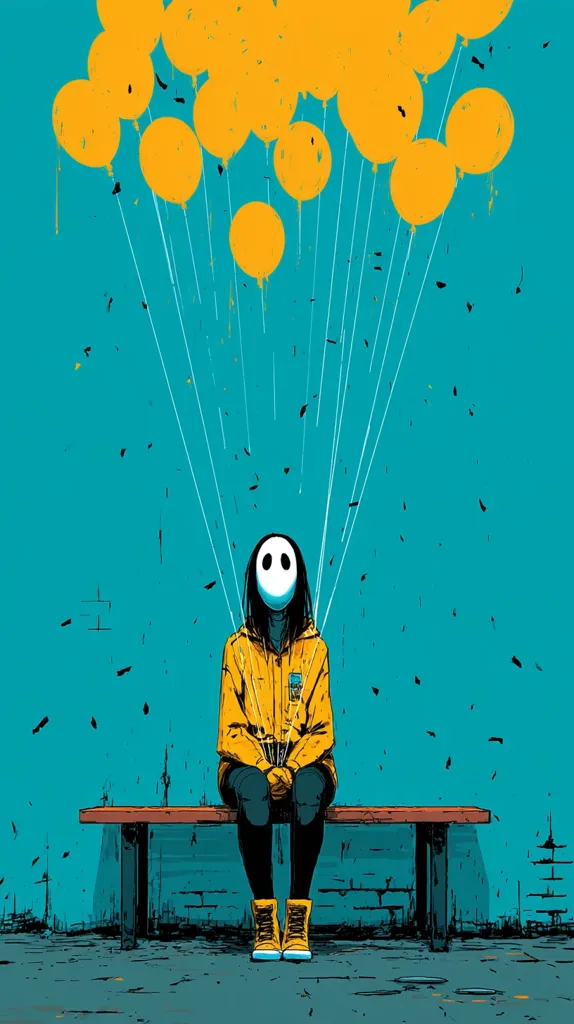 A person wearing a yellow raincoat and a blank, emotionless face mask sits on a park bench.  Above them, numerous yellow balloons float, their strings appearing to be attached to the mask. The background is a teal color, with scattered dark specks suggesting debris or falling confetti. The overall mood is melancholic and slightly surreal.