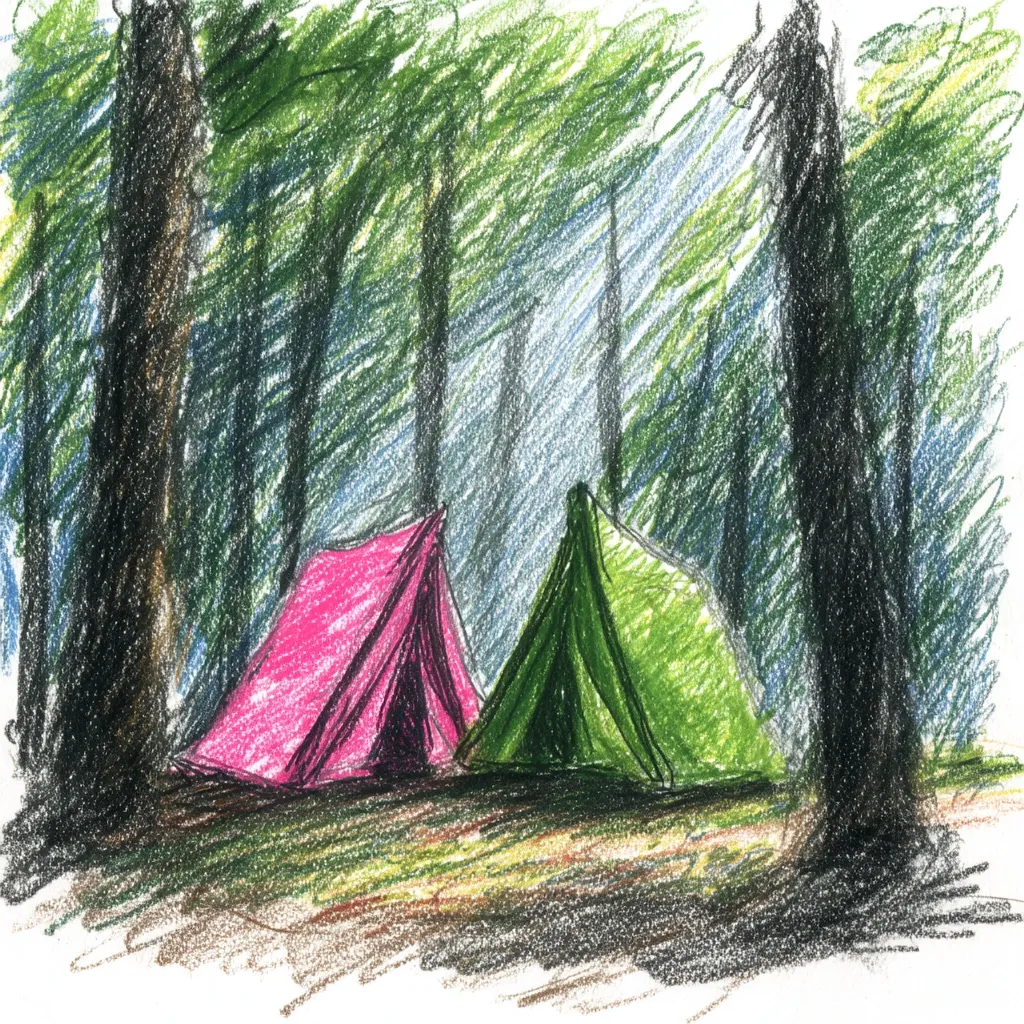 A crayon drawing depicts two tents nestled within a dense forest. One tent is vibrant pink, the other a muted green. Tall, slender trees form a backdrop, their dark trunks contrasting with the lighter green canopy above. Sunlight filters through the leaves, casting a soft glow on the scene. The style is reminiscent of a child's drawing, with bold strokes and a simplified representation of nature.