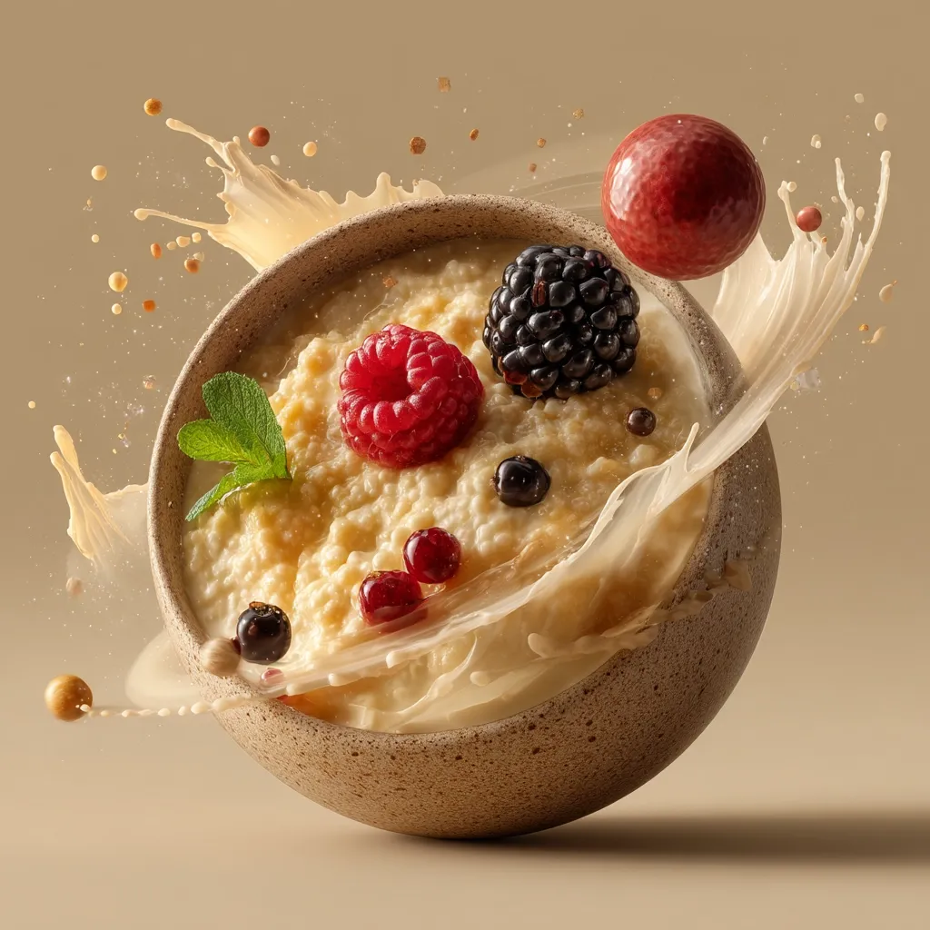A bowl of creamy porridge is adorned with fresh raspberries, blackberries, and red currants.  A splash of milk dynamically surrounds the bowl, adding a sense of motion and freshness. The scene is set against a muted beige background, highlighting the vibrant colors of the berries and the creamy texture of the porridge.  The overall image evokes a feeling of healthy and delicious breakfast.