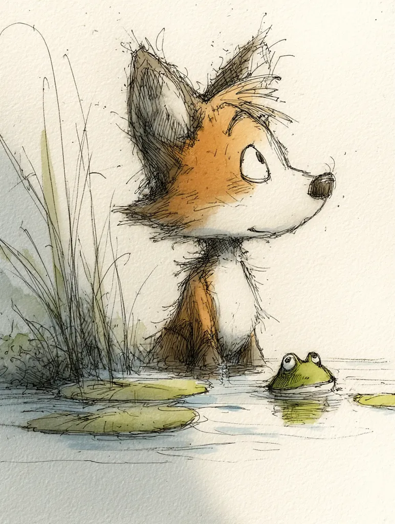 A whimsical illustration depicts a curious fox, rendered in a sketchy style with watercolor washes, standing by a pond.  Its orange fur and large, expressive eyes are prominent.  In the water, partially submerged among lily pads, sits a frog, its wide eyes mirroring the fox's gaze. Reeds flank the pond's edge, adding to the serene, natural setting. The overall mood is gentle and observant.