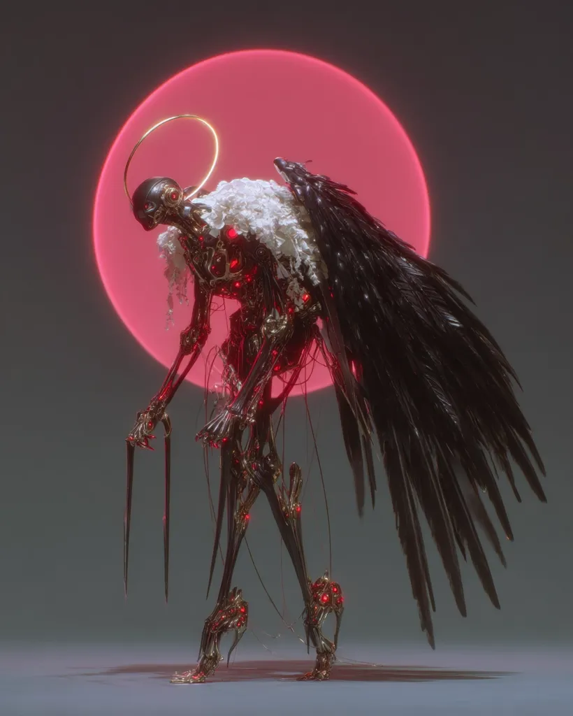 A digital rendering depicts a metallic, skeletal angel figure.  Its gold frame is accented with glowing red nodes.  Large, dark wings extend from its back, partially obscured by a white, tattered cloth. A halo encircles its head, and it stands before a glowing pink circle, suggesting a celestial setting. The overall aesthetic is a blend of gothic and cyberpunk, evoking a sense of both beauty and decay.