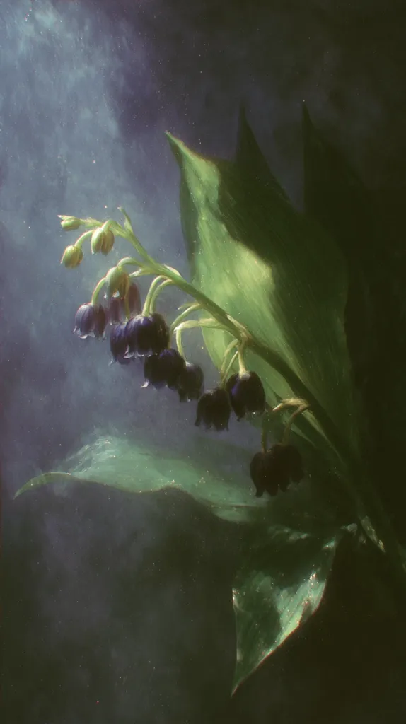 A close-up shot captures a lily of the valley plant, its dark purple bell-shaped flowers delicately hanging from a slender stem.  Large, vibrant green leaves frame the blossoms.  The background is a soft, hazy blue-grey, creating a dreamy, ethereal atmosphere. The lighting emphasizes the plant's texture and form.