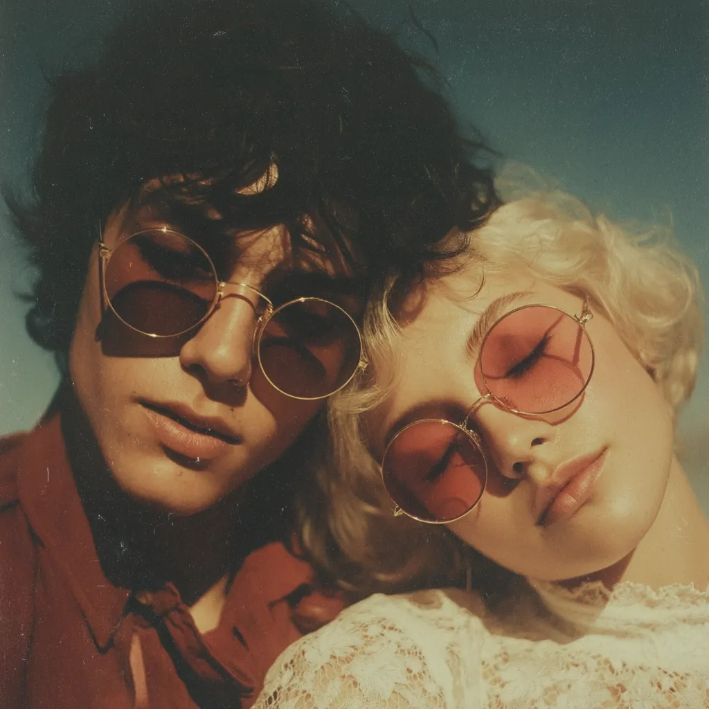 A young man with dark, curly hair and a young woman with blonde, wavy hair rest their heads together.  Both wear round, tinted sunglasses; his are brown, hers are pink. They are dressed in vintage-inspired clothing, creating a nostalgic, romantic atmosphere bathed in warm, sunlit hues.  The image evokes a feeling of carefree intimacy and 70s style.