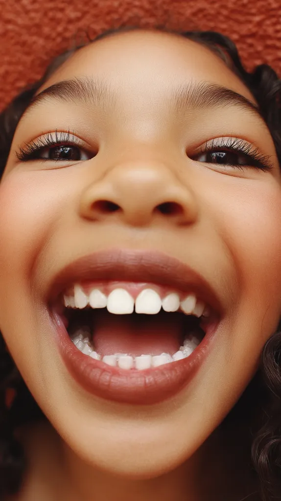 Close-up view of a young girl's face, showcasing a wide, joyous laugh.  Her bright, white teeth are prominently displayed, and her brown eyes sparkle with happiness. The image is sharply focused on her mouth and features, emphasizing her radiant smile.  Her skin tone is warm, and her dark curly hair frames her face.