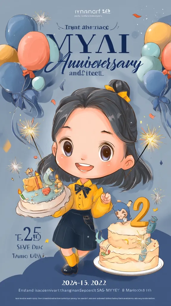 A charming illustration celebrates the 25th anniversary of MYAI and Litecell.  A cute chibi-style girl holds a birthday cake adorned with sparklers.  A second, layered cake sits nearby, marked with the number "2".  Balloons and celebratory confetti float around her. The date "2024-15, 2022" is prominently displayed, along with text seemingly referencing an event or company.  The overall aesthetic is bright, cheerful, and whimsical.