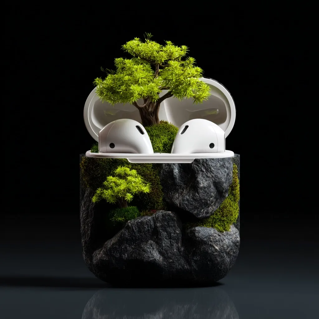 A pair of white wireless earbuds rests inside a miniature, rocky landscape.  The charging case is creatively adorned with moss and small bonsai trees, creating a serene, nature-inspired scene against a black background. The contrast between the technological device and the natural elements is striking.  The image suggests a blend of modern technology and environmental consciousness.