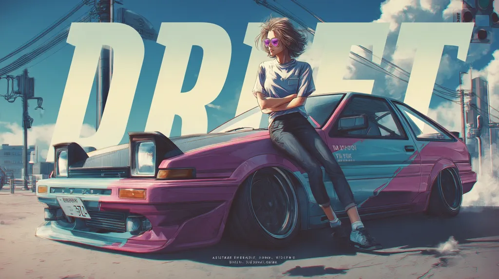 A stylized illustration depicts a young woman with arms crossed, leaning against a vibrant pink and teal Toyota AE86 Corolla.  The car is modified with aftermarket wheels and bodywork.  The word "DRIFT" is prominently displayed in the background, suggesting a theme of street racing and Japanese car culture. The setting appears to be a city street in Japan, under a bright, sunny sky.  The overall aesthetic is reminiscent of anime and video game art styles.