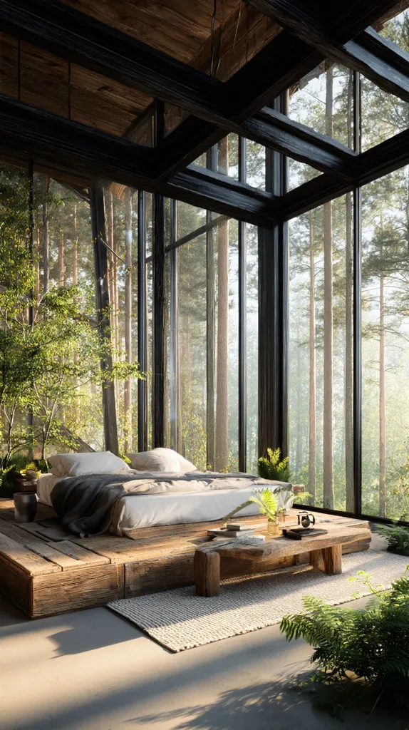 A minimalist bedroom nestled within a forest.  Large windows offer panoramic views of towering pines.  A low platform bed, crafted from rustic wood, sits center stage, complemented by a similarly styled bench.  Natural light streams through the glass, illuminating the serene space, enhanced by potted greenery.  The overall aesthetic is one of tranquil, modern nature.