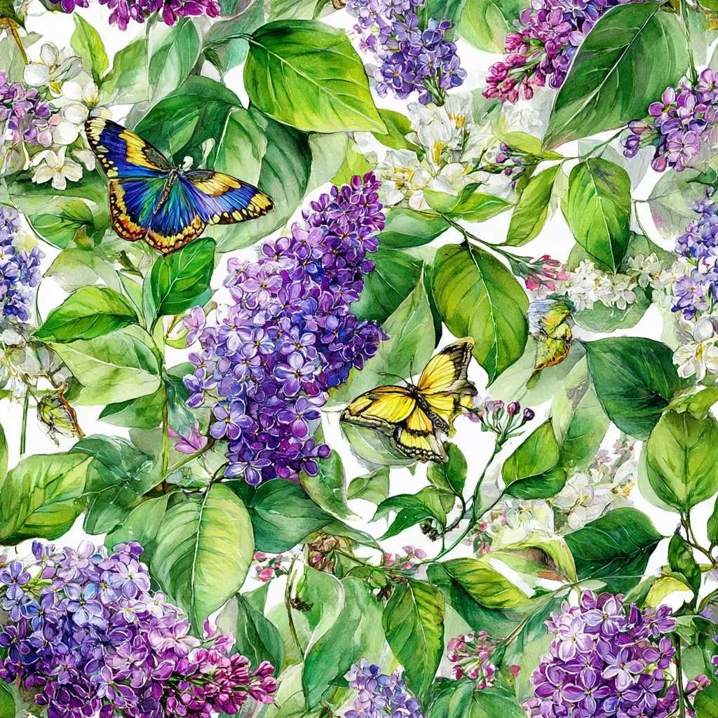 A watercolor painting depicts a vibrant floral pattern featuring lush lilac blossoms in various shades of purple and clusters of white flowers.  Two butterflies, one blue and one yellow, add a touch of whimsy amidst the blossoms and vibrant green leaves. The overall effect is a lively and colorful springtime scene, ideal for fabric or wallpaper.