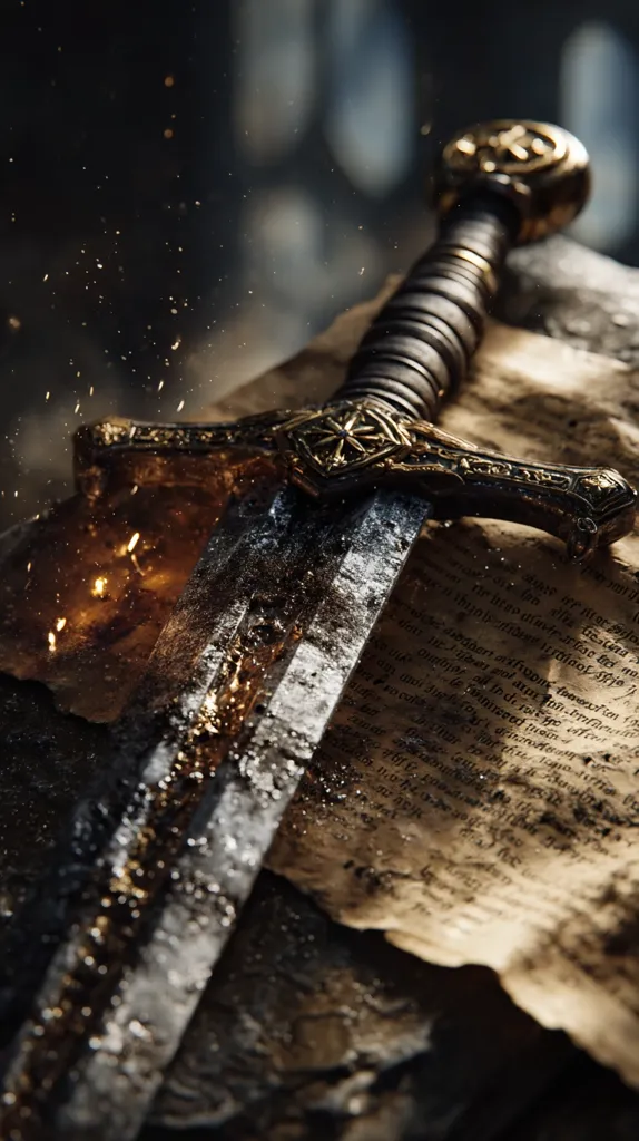 A majestic, ornate sword rests upon ancient, aged parchment.  Sparks of fire or metal dust shimmer around the blade, suggesting recent action or forging. The sword's hilt is intricately detailed in gold, contrasting with the dark, metallic blade. The scene evokes a sense of history, power, and perhaps, a recently concluded battle or momentous event.  The overall mood is dark and dramatic.