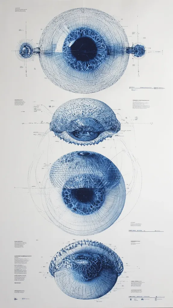 A detailed blueprint-style artwork depicts four iterations of an eye, each progressively smaller and more intricate.  The eyes are rendered in shades of blue, appearing as complex, interconnected systems.  Accompanying text and diagrams suggest a scientific or architectural concept, possibly exploring scale, structure, and intricate detail within a system.  The overall aesthetic is technical and visually striking.