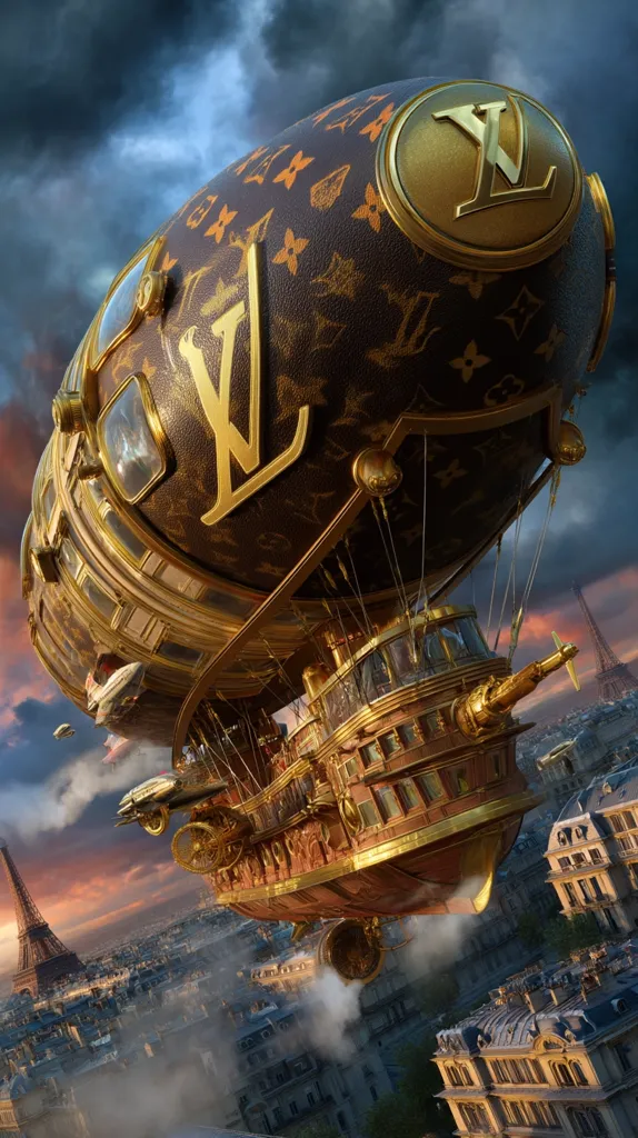 A majestic, golden airship, adorned with the Louis Vuitton monogram, floats over a Parisian cityscape.  The dirigible's ornate gondola and massive envelope are intricately detailed, showcasing a blend of steampunk aesthetics and luxury branding. The Eiffel Tower is visible in the distance, adding to the dramatic setting.  Smoke trails behind the airship, adding a sense of movement and grandeur.