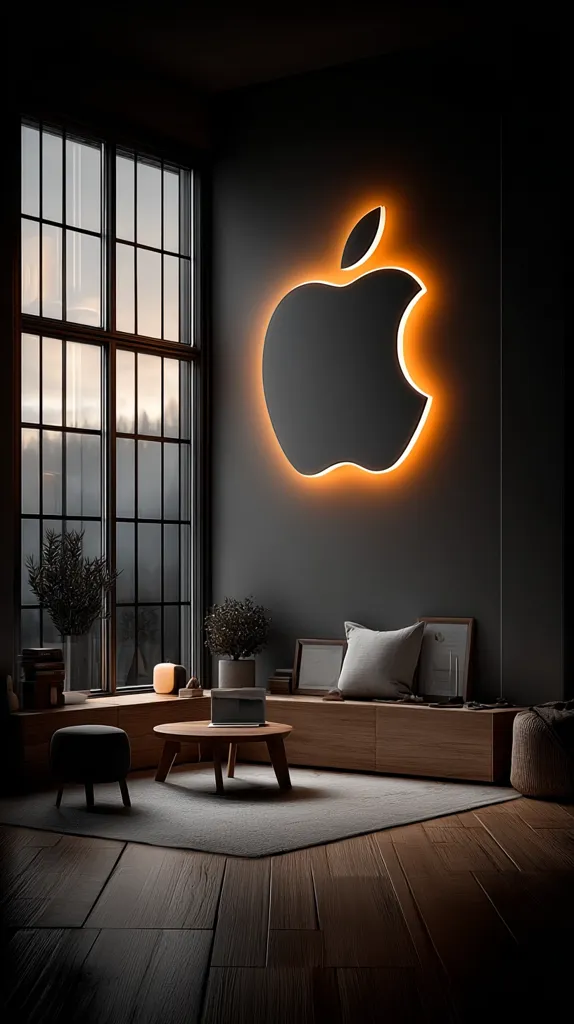 A dimly lit, modern living room features a large window overlooking a twilight landscape.  The focal point is a wall-mounted, illuminated Apple logo, its orange glow contrasting against the dark walls.  Wooden furniture, including a low coffee table, seating, and a long bench, complements the minimalist aesthetic.  Small potted plants add touches of greenery. The overall atmosphere is calm and sophisticated.