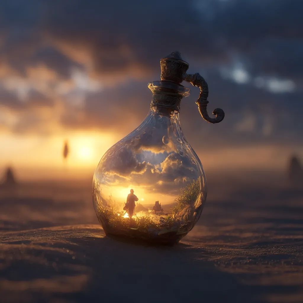 A glass bottle with an ornate metal top sits on a sandy surface.  Inside, a miniature landscape reflects a vibrant sunset. A lone figure walks towards the setting sun, creating a captivating scene of solitude and vastness. The image evokes a sense of wonder and the feeling of a captured moment. The contrast between the bottle's size and the expansive scene within is striking.