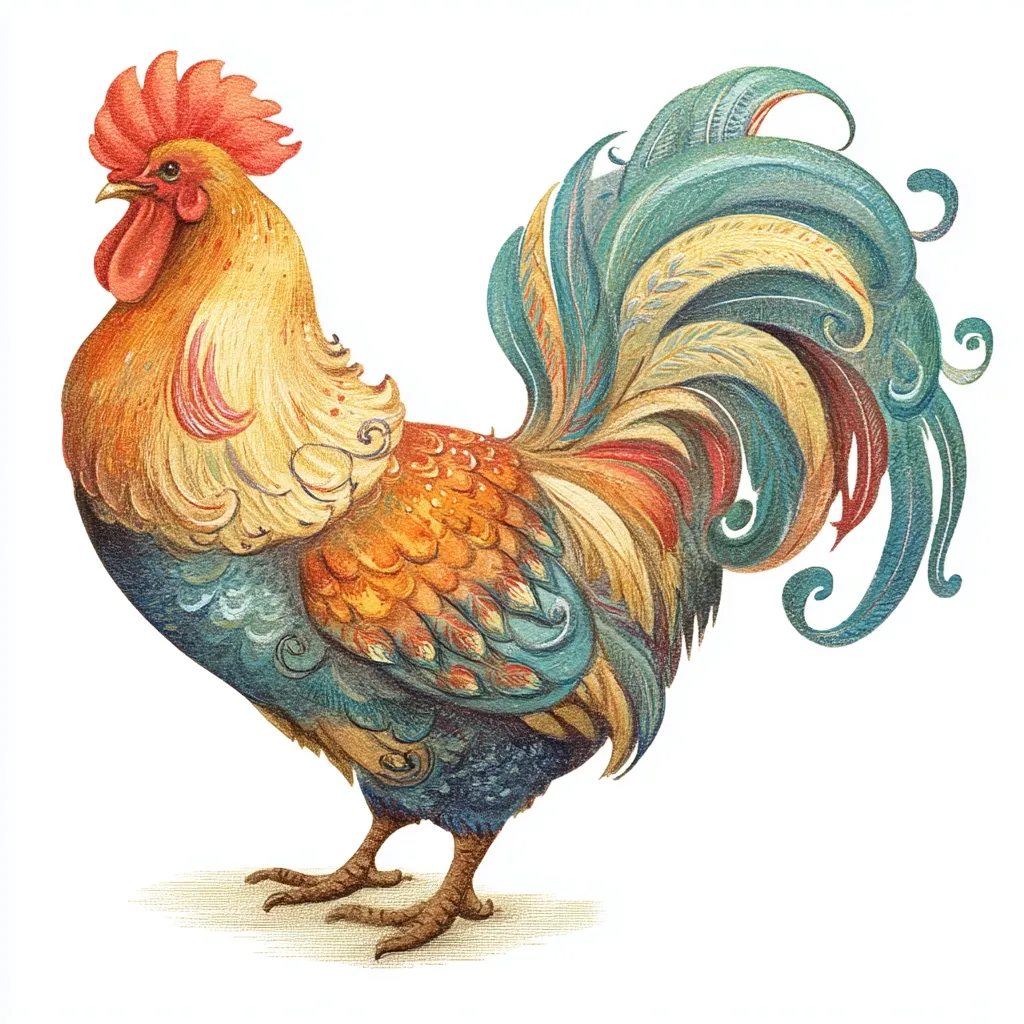 A vibrant rooster is depicted in an illustration, showcasing intricate details in its plumage.  The rooster's body is a blend of oranges, blues, and greens, while its tail feathers are long and ornate, swirling with decorative patterns. The artwork is done in a style reminiscent of hand-drawn colored pencils or watercolors, resulting in a rich and textured appearance. The rooster stands proudly, its comb a striking red against its colorful body.