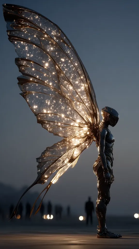 A metallic, humanoid figure stands with enormous, translucent wings illuminated from within by countless sparkling lights. The wings resemble intricate butterfly wings, casting a glow on the figure and the blurred background of distant figures and lights.  The scene evokes a blend of futuristic technology and ethereal beauty, creating a captivating and surreal image.