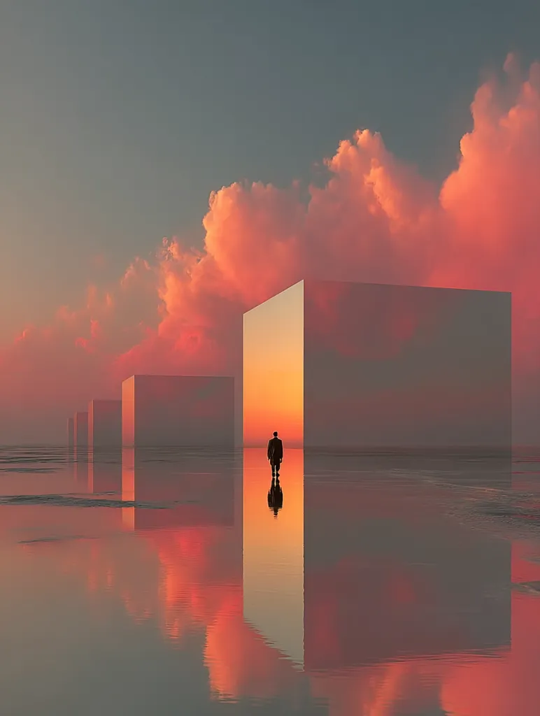 A lone figure walks towards a sunset reflected in a calm body of water.  Large, cube-shaped structures stand on either side, creating a path leading into the radiant sky.  The scene is surreal and minimalist, with muted colors and a sense of solitude. The reflection mirrors the beauty of the sky and the structures, enhancing the ethereal atmosphere.