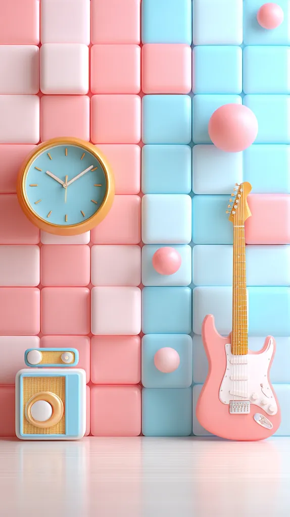 A pastel-colored scene features a pink and blue tiled wall.  A vintage-style radio, a clock with a teal face, and a pink electric guitar are placed against the wall.  Small pastel spheres are scattered around the objects. The overall aesthetic is playful and whimsical, with a retro feel. The scene is brightly lit, enhancing the vibrant colors.