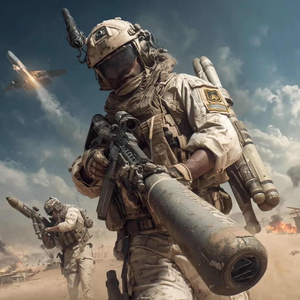 A soldier, heavily armed with a rifle and a large projectile launcher, advances through a desert battlefield.  Another soldier is visible in the background, also engaged in combat.  A jet plane streaks across the sky, leaving a contrail, indicating ongoing air support.  The scene is one of intense action and warfare in a dusty, arid environment.  Buildings burn in the distance, adding to the chaos.