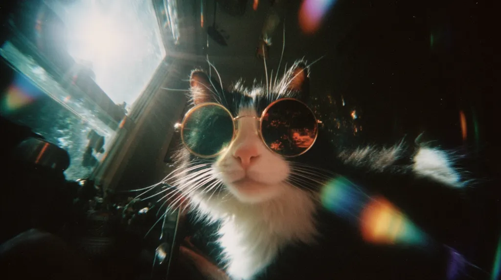 A close-up shot of a tuxedo cat wearing round sunglasses. The image has a vintage, slightly blurry aesthetic with lens flares creating rainbow-colored streaks.  The cat's expression is cool and nonchalant, adding to the overall quirky and stylish vibe of the photograph.  Bright sunlight is visible in the background.