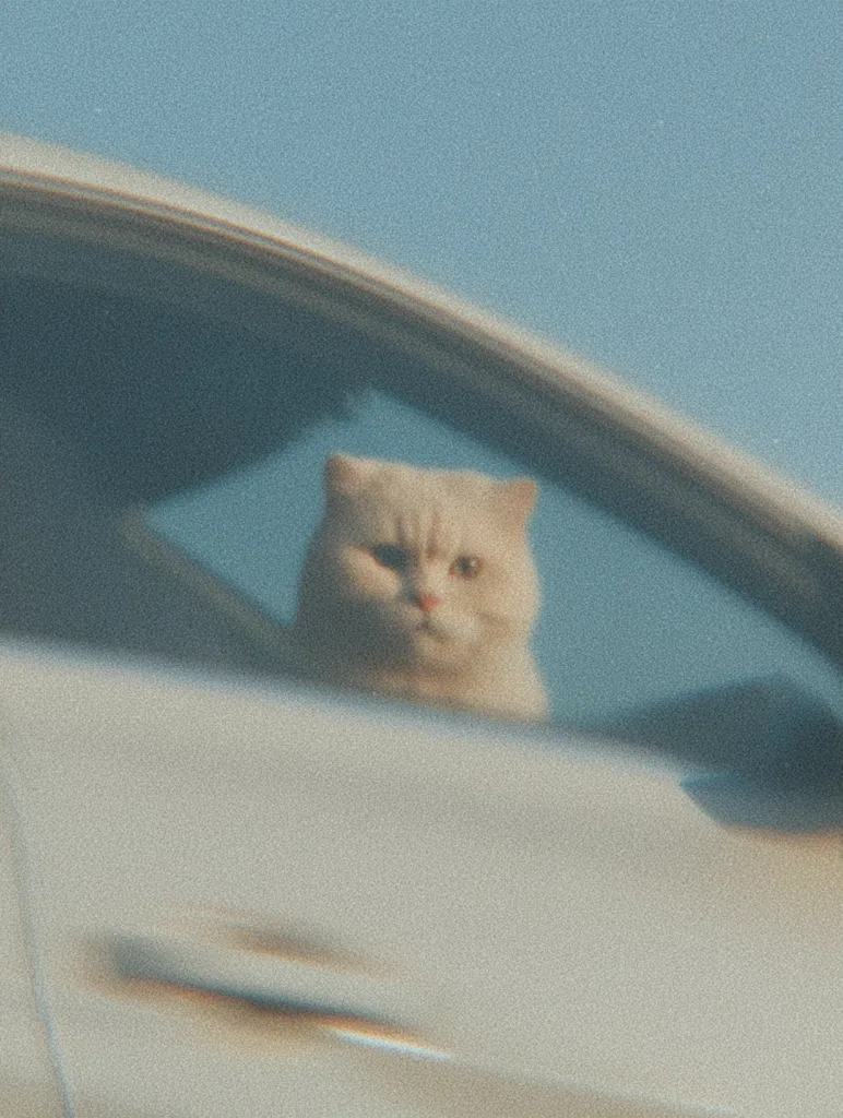 A slightly out-of-focus image shows a white cat sitting in the passenger seat of a light-colored car. The cat appears to be looking directly at the camera with a somewhat grumpy expression. The background is a pale blue sky. The overall aesthetic is soft and dreamy, with a vintage or retro filter applied.