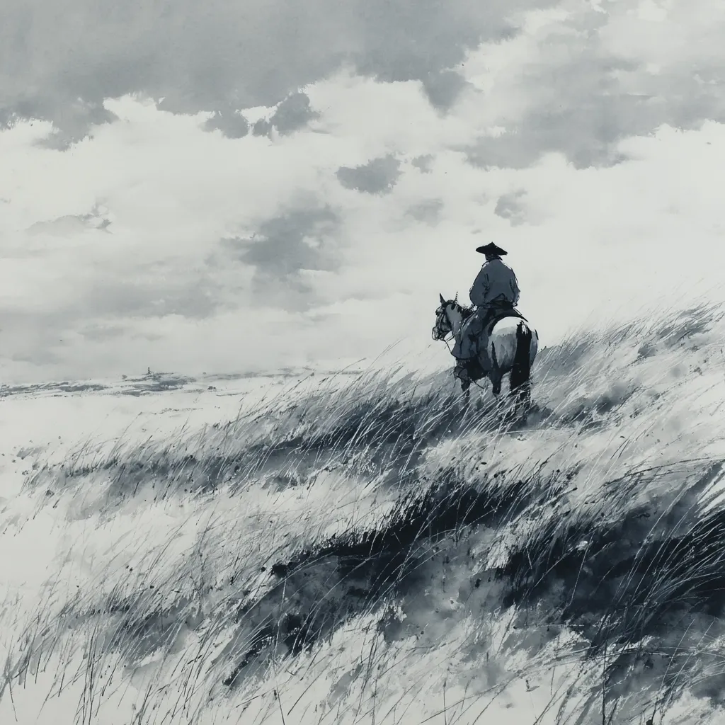 A lone figure on horseback sits atop a windswept hill, gazing out at a vast, flat landscape under a cloudy sky.  The monochromatic palette emphasizes the solitude and expansive emptiness of the scene.  The tall grasses ripple in the unseen wind, adding to the feeling of quiet contemplation.  The overall mood is one of peaceful isolation.