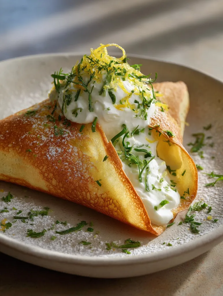 A delicate crepe is folded to form a pocket, filled with a creamy mixture and topped with lemon zest and fresh herbs.  The crepe is lightly dusted with powdered sugar, and sits on a simple off-white plate.  The presentation is elegant and suggests a light, refreshing dessert.