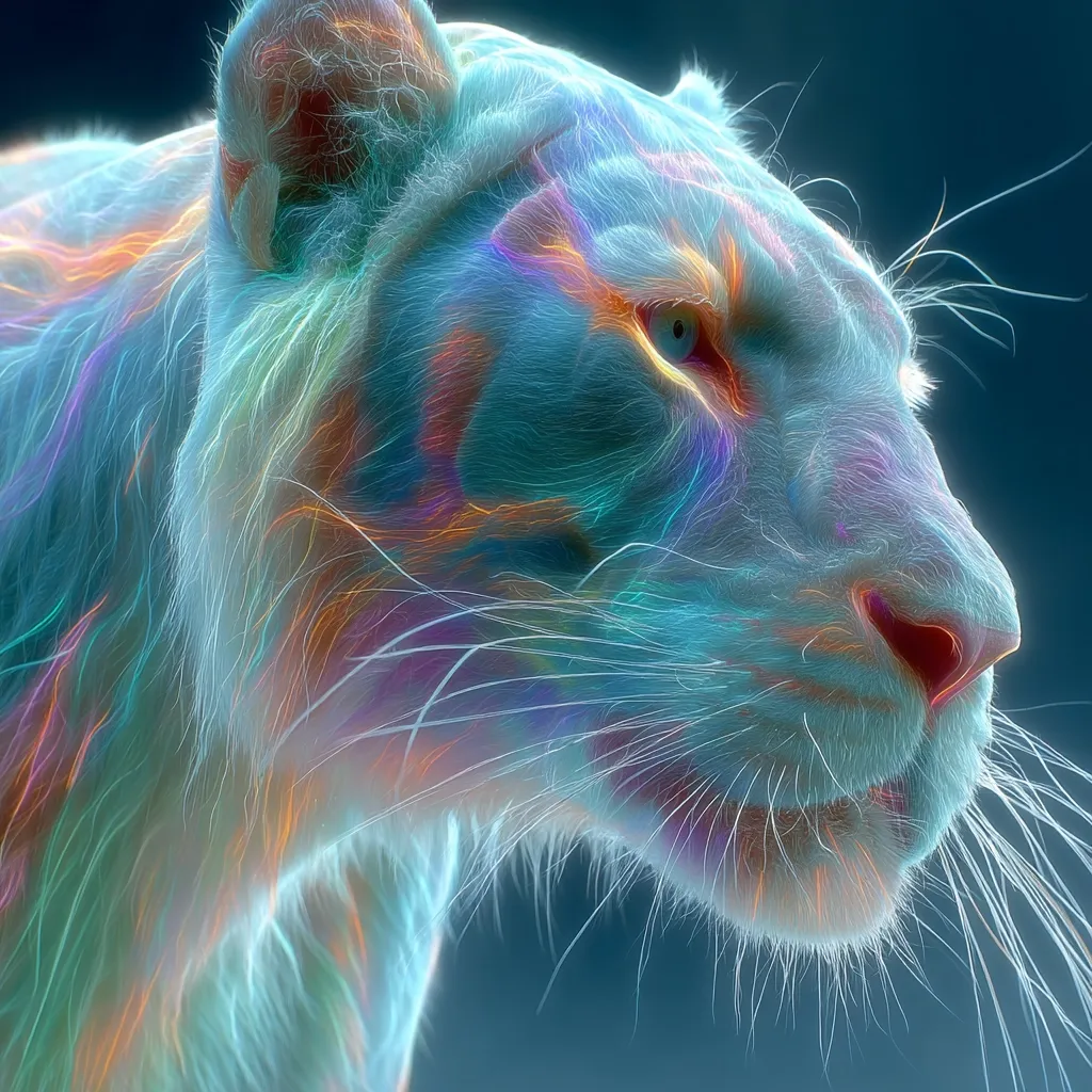 A close-up profile of a white tiger, rendered in a vibrant, ethereal style.  Its fur appears as glowing strands of light, interwoven with iridescent colors of teal, orange, and purple. The tiger's intense gaze and delicate whiskers are sharply defined against a muted blue background, creating a surreal and captivating image.