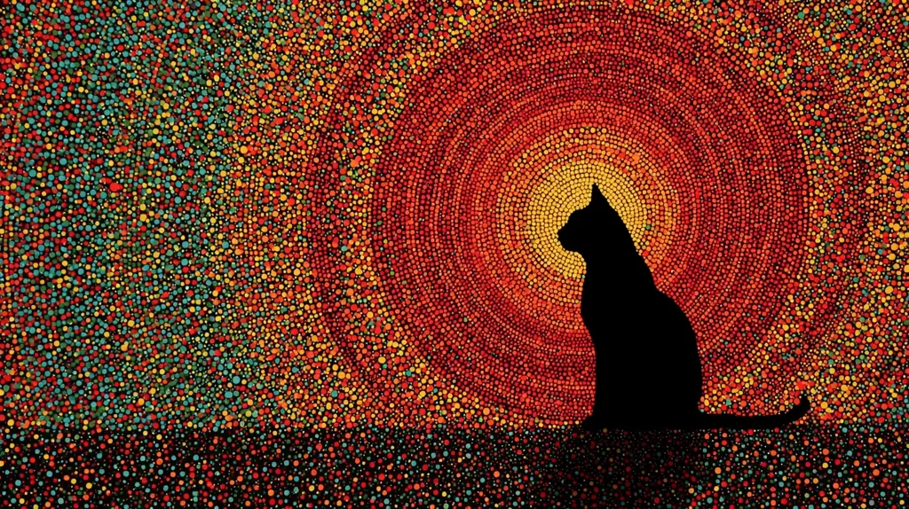 A pointillist-style artwork depicts a black cat silhouetted against a vibrant, swirling sunset.  The background is a myriad of tiny, multicolored dots creating a gradient effect, transitioning from cool greens and blues at the edges to warm oranges and reds at the center, resembling a sun. The cat sits calmly, facing the radiant background, creating a serene and visually captivating piece.