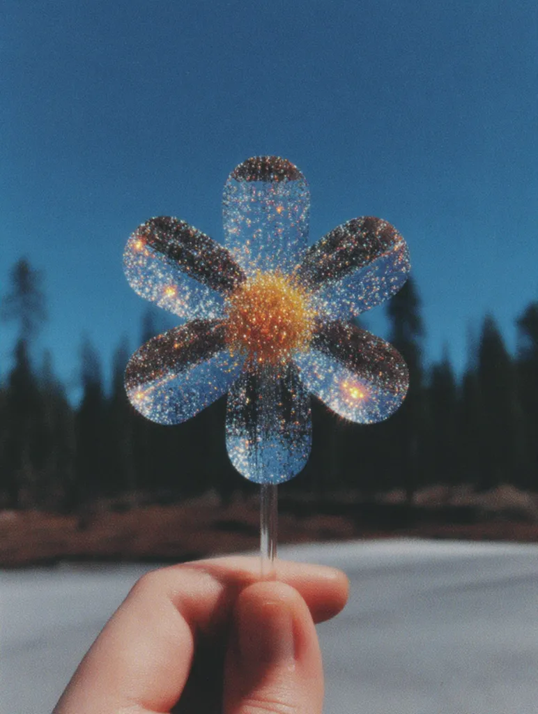 A hand holds a glittering, translucent flower-shaped ornament against a blurred background of a forest and sky.  The flower is predominantly blue with a yellow center, sparkling with embedded glitter. The image evokes a dreamy, ethereal feeling, reminiscent of whimsical art or fantasy.  The contrast between the clear flower and the soft background enhances its visual appeal.