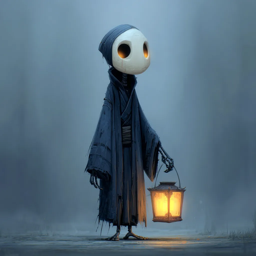 A stylized skeletal figure, cloaked in a dark, robe-like garment, stands in a misty landscape.  Its head is a smooth, pale mask with dark eyeholes.  The figure holds a small, glowing lantern, casting a warm light against the cool tones of the environment.  The overall aesthetic is dark fantasy, hinting at themes of mystery and the afterlife.