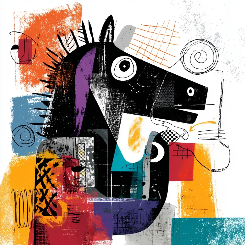 A vibrant abstract artwork features a stylized black horse as its central figure.  The horse is depicted in a cubist manner, composed of geometric shapes and bold colors.  Surrounding the horse are various textured blocks and lines in oranges, reds, purples, and blues, creating a collage-like effect. The overall style is bold and energetic, employing a mix of textures and patterns.