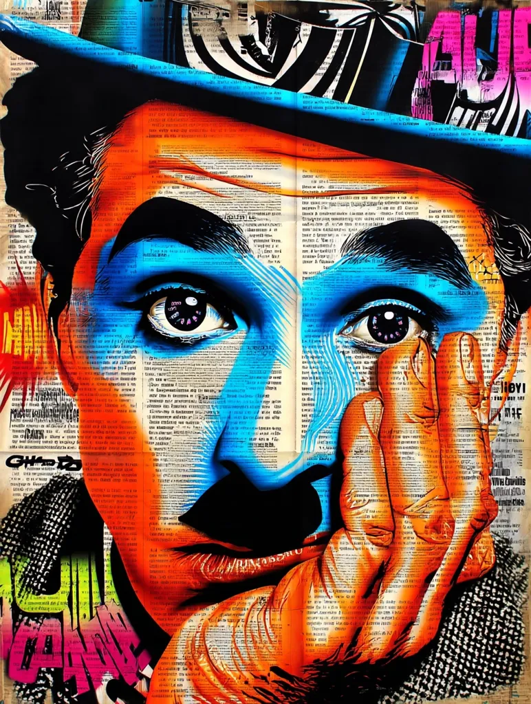A vibrant, stylized portrait of Charlie Chaplin dominates the artwork.  His face is rendered in bold, contrasting colors of orange and blue, overlaid with text from newspaper pages. The texture is rich, combining paint and collaged newspaper elements, creating a dynamic and expressive image.  His iconic bowler hat is partially visible, adding to the recognizable depiction. The overall style is a blend of pop art and mixed media.
