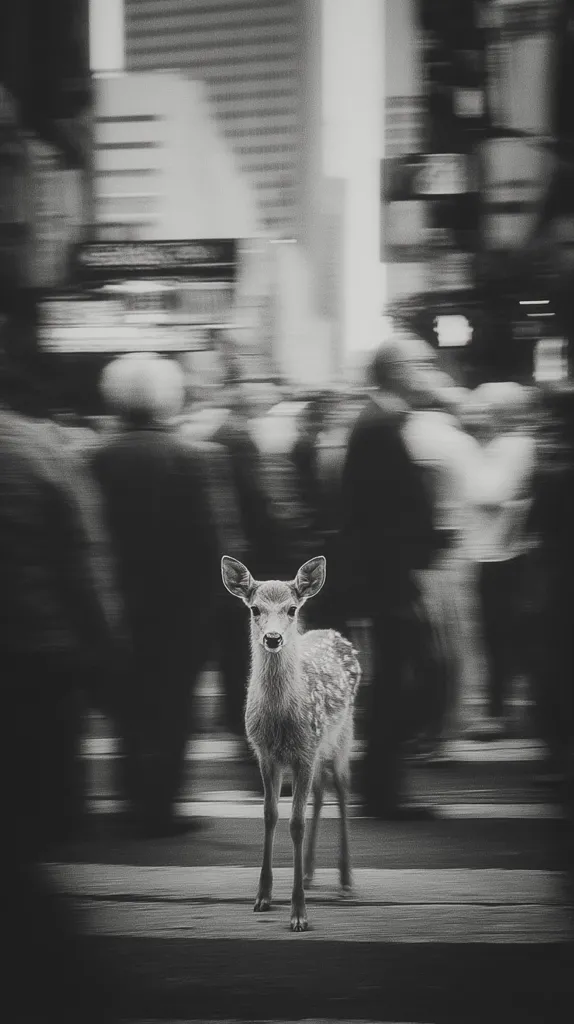 A young deer stands calmly in the middle of a city street, its presence a stark contrast to the blurred motion of the surrounding pedestrians.  The monochrome image emphasizes the deer's stillness against the bustling urban backdrop, creating a poignant juxtaposition of nature and city life. The deer's focused gaze adds to the image's serene yet slightly unsettling atmosphere.